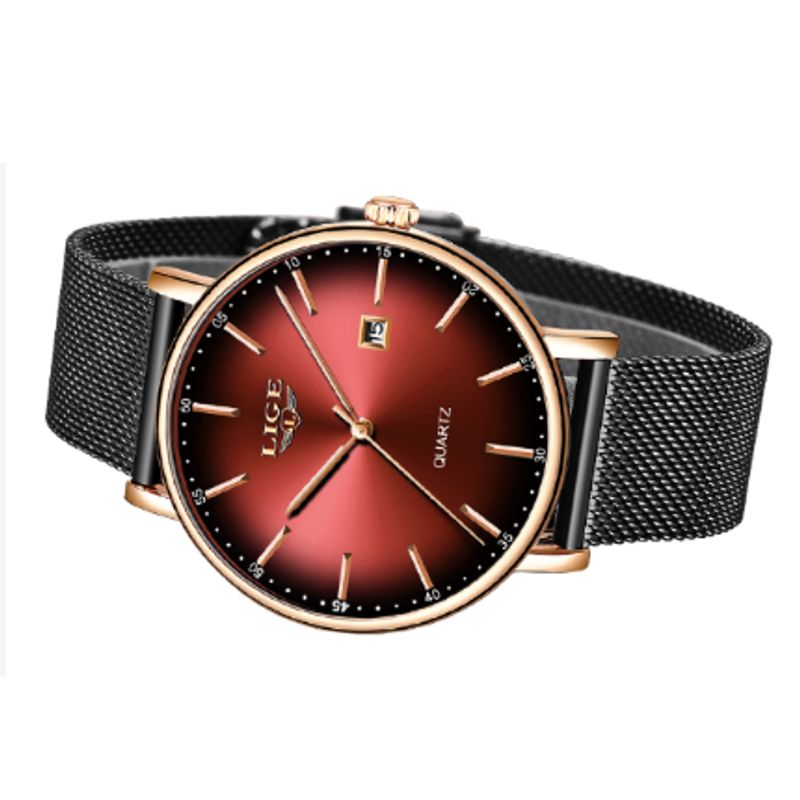 Montre top luxe à quartz - élégance et précision - bracelet maille milanaise gris en acier inoxydable - montre fine pour femme - coloris rouge et or rose