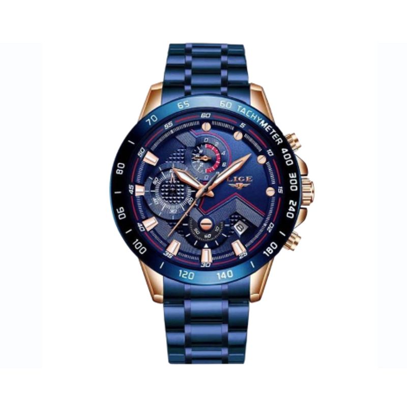 Montre top tachymètre à mouvement a quartz de qualité japonaise - bracelet avec boucle papillon en acier inoxydable bleu - coloris cadran et boitier bleu - couronne et poussoirs de couleur or - montre de marque Lige pour homme