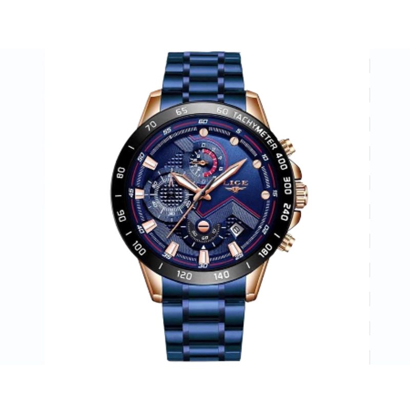 Montre top tachymètre à mouvement a quartz de qualité japonaise - bracelet avec boucle papillon en acier inoxydable bleu - coloris cadran et boitier bleu et noir - couronne et poussoirs de couleur or - montre de marque Lige pour homme