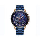 Montre top tachymètre à mouvement a quartz de qualité japonaise - bracelet avec boucle papillon en acier inoxydable bleu - coloris cadran et boitier bleu et noir - couronne et poussoirs de couleur or - montre de marque Lige pour homme