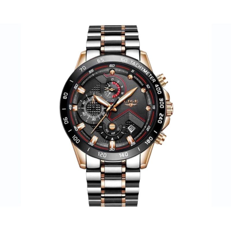 Montre top tachymètre à mouvement a quartz de qualité japonaise - bracelet avec boucle papillon en acier inoxydable argent et or - coloris cadran et boitier noir - couronne et poussoirs de couleur or - montre de marque Lige pour homme