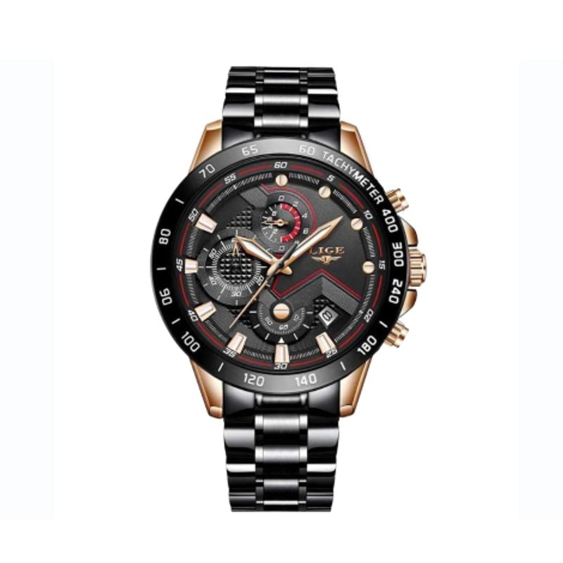 Montre top tachymètre à mouvement a quartz de qualité japonaise - bracelet avec boucle papillon en acier inoxydable noir - coloris cadran et boitier noir - couronne et poussoirs de couleur or - montre de marque Lige pour homme