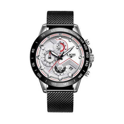 Montre top tachymètre à quartz avec bracelet maille milanaise et fermoir coulissant de couleur noir en acier inoxydable - montre homme de marque Lige coloris blanc et argent