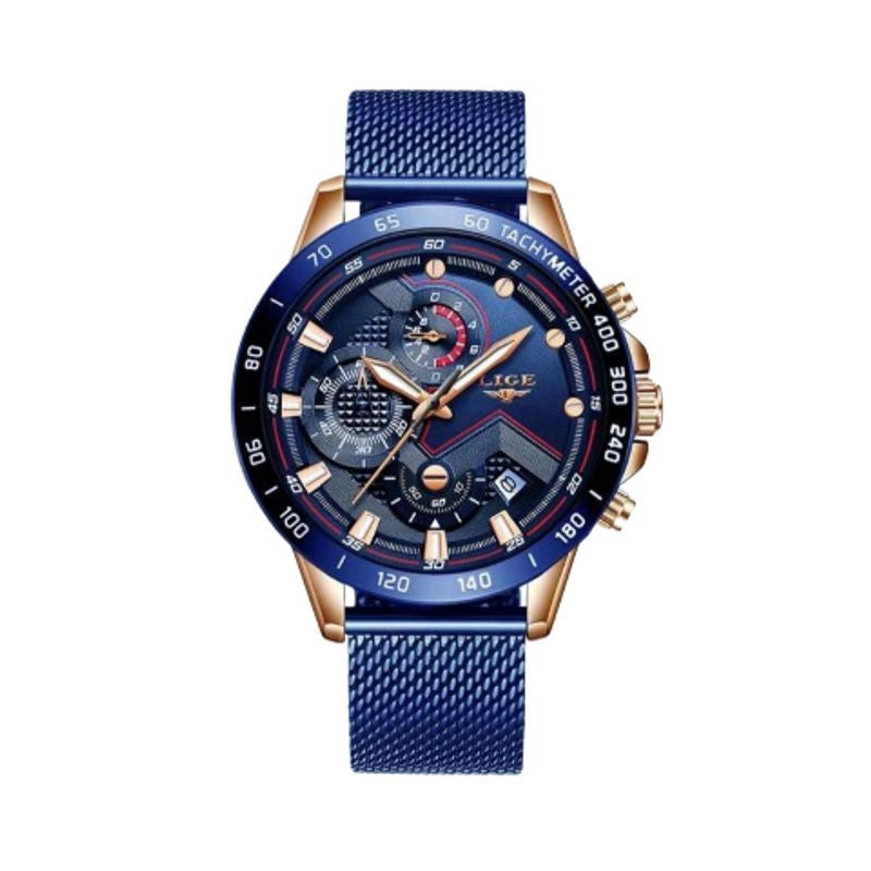 Montre top tachymètre à quartz avec bracelet maille milanaise et fermoir coulissant de couleur bleu en acier inoxydable - montre homme de marque Lige coloris bleu