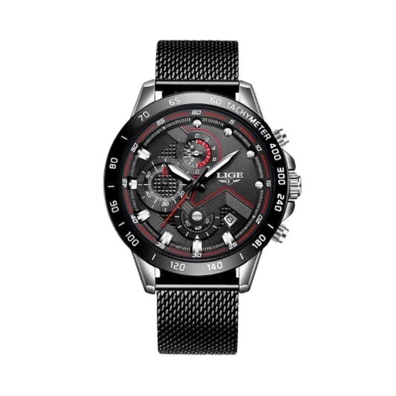 Montre top tachymètre à quartz avec bracelet maille milanaise et fermoir coulissant de couleur noir en acier inoxydable - montre homme de marque Lige coloris noir et argent