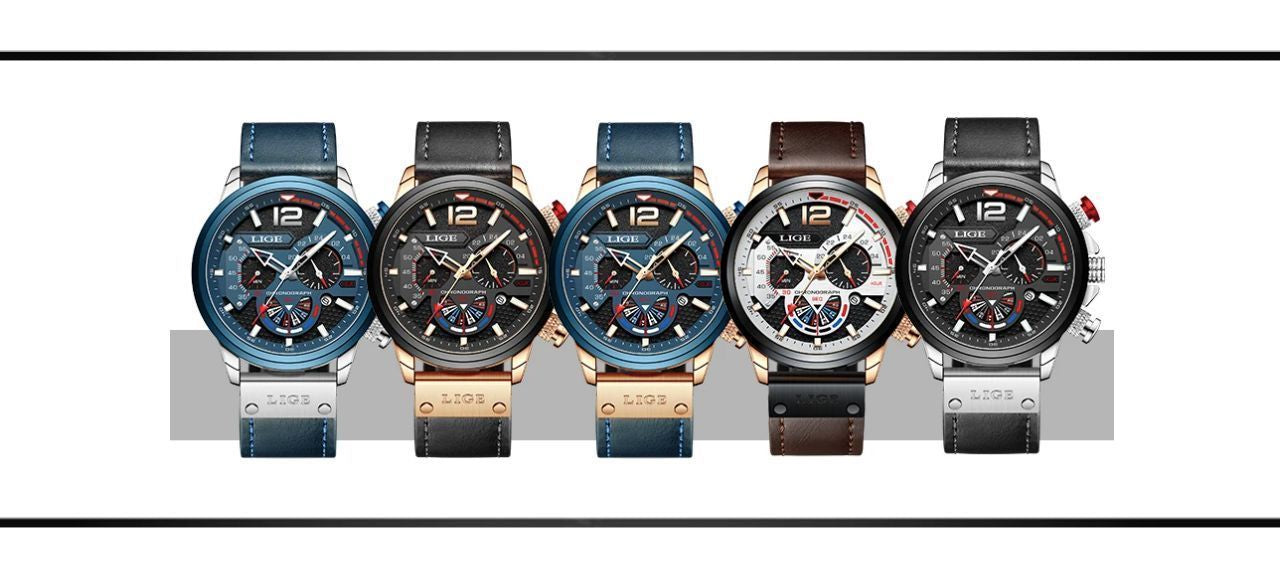 Montres LIGE Pilot Chrono alignés, cinq modèles différents avec bracelet en cuir surpiqué de couleur, bleu, noir ou marron. Montres chronographes, boitier or ou argent pour homme.