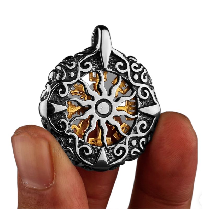 Pendentif amulette de guerrier Viking - talisman double face - verso soleil argenté
