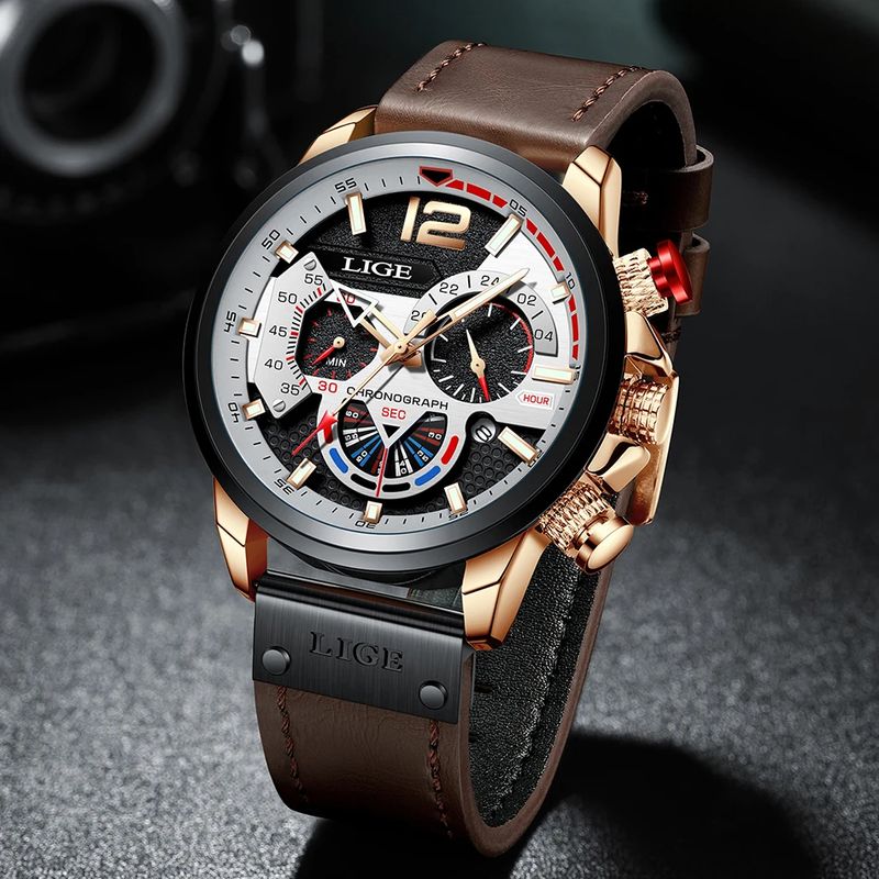 Lige Pilot Chrono, montre pour homme amoureux de sport mécanique, bracelet en cuir marron. Vidéo courte.