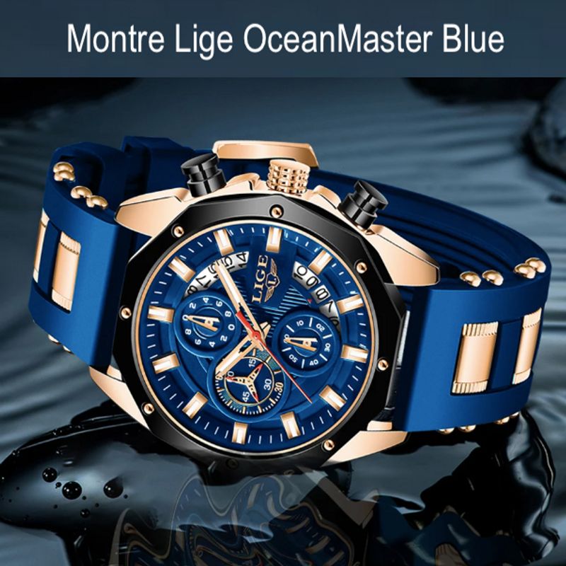 Video courte d'une montre chronographe pour homme avec grand cadran au  nombreux détails de qualité - montre étanche 3ATM - bracelet bleu en silicone - le modèle présenté est une lige oceanmaster blue