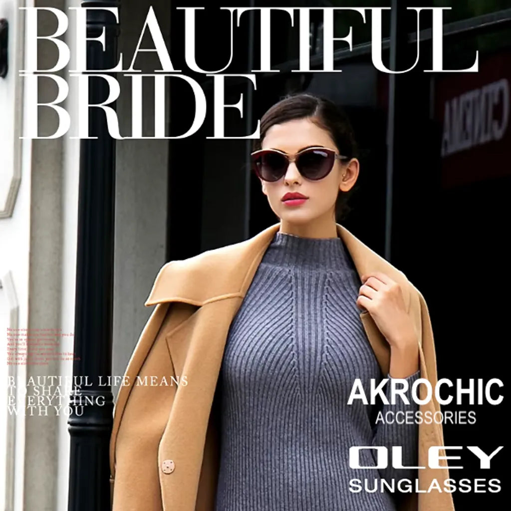 Publicité pour les lunettes de soleil de la marque OLEY, disponibles sur Akrochic, mettant en scène une femme élégante dans un cadre urbain. Elle porte une monture de lunettes œil de chat brunes et doré, qui s'harmonise parfaitement avec son look, composé d'un manteau camel sur les épaules et d'une robe grise texturée à col montant. Les mots "Beautiful Bride" sont inscrits en grand en haut de l'image, ajoutant une touche glamour et séduisante, destinée à captiver l'attention des amateurs de mode raffiné.