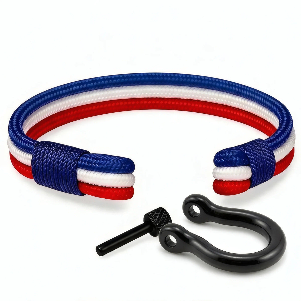 Structure ouverte bracelet marin cordon nylon multi-rangs tricolore fermoir manille acier noir vis modèle Navarch.