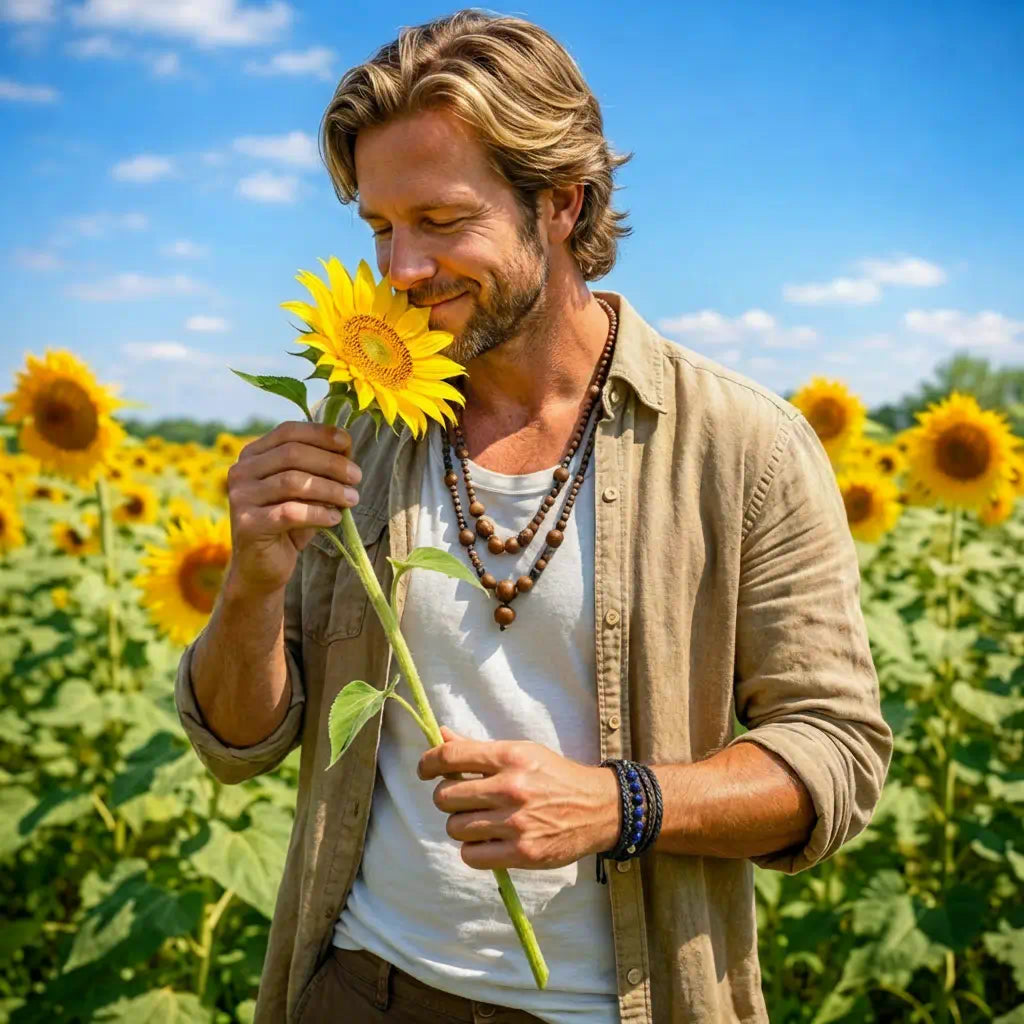 Portrait d'un homme en tenue bohème arborant avec fierté le Bracelet Skar, pièce maîtresse alliant le caractère du cuir noir à la noblesse des perles lapis-lazuli.
