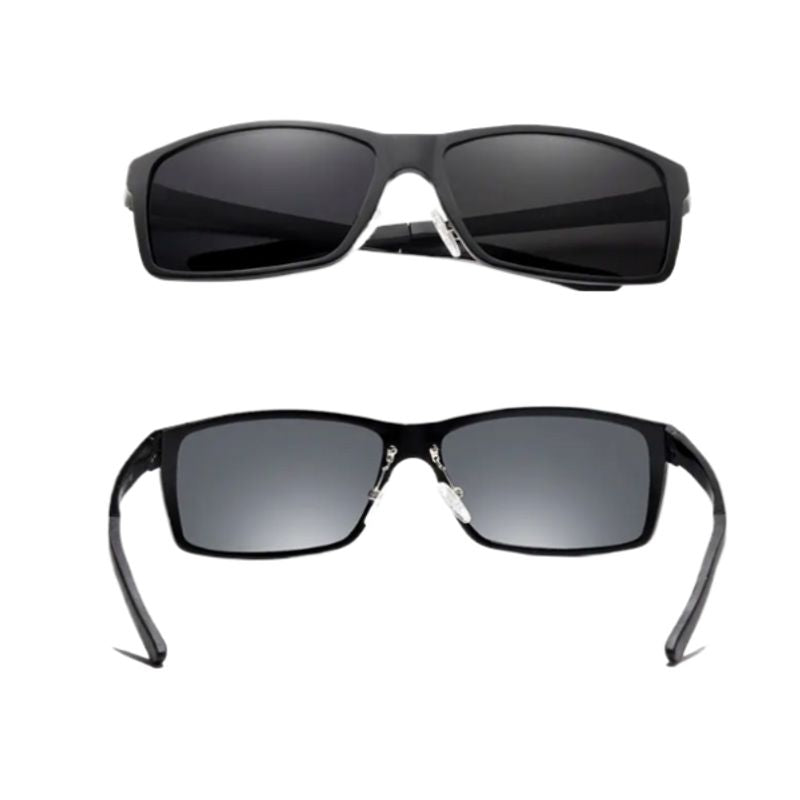 Vue recto et verso de la paire de lunettes de soleil rectangulaires Marius en aluminium - verres gris en polycarbonate polarisés - couleur cadre noir