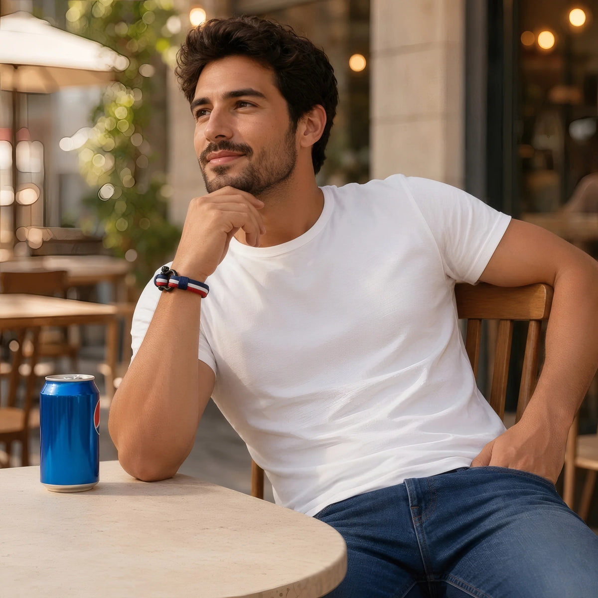 Vue ensemble homme t-shirt blanc portant bracelet cordon nylon multi-rangs tricolore style casual décontracté Navarch.