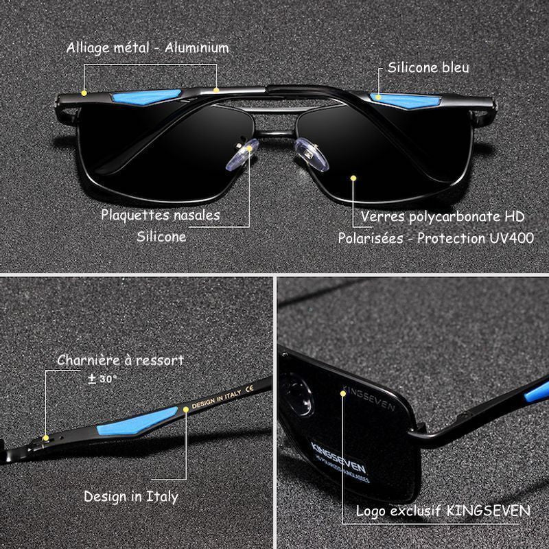 Vue en trois prises des détails principaux de qualité des lunettes de soleil carrées en métal d'aluminium - Verres en polycarbonate polarisés HD et protection UV400 - Charnière à ressort en métal - design en Italie