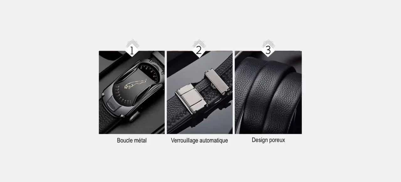 Vue détaillée de trois photos de la ceinture jaguar en cuir PU noir pour homme - Boucle métal - Verrouillage automatique - Design poreux.