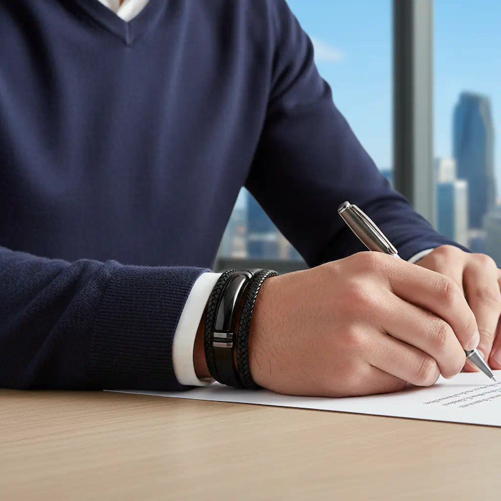Très gros plan du bracelet Obsidian en cuir noir et agate noire au poignet d'un homme rédigeant une lettre, révélant la souplesse des lanières tressées et texturées sous une lumière de bureau zénithale.