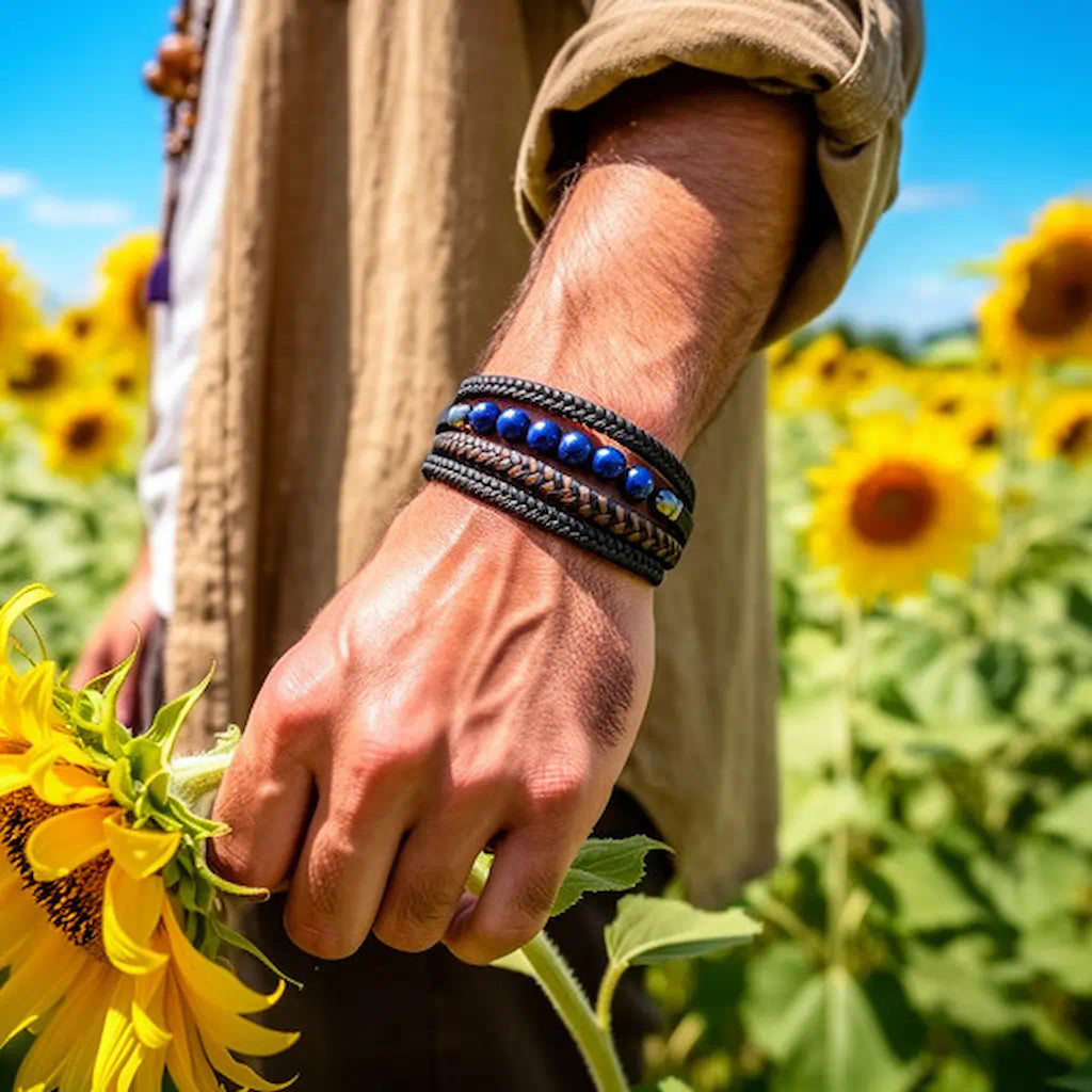 Zoom sur le Bracelet Skar au poignet d'un homme tenant un tournesol, révélant la souplesse du cuir noir et l'éclat de six perles lapis-lazuli bleu outremer.