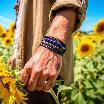 Zoom sur le Bracelet Skar au poignet d'un homme tenant un tournesol, révélant la souplesse du cuir noir et l'éclat de six perles lapis-lazuli bleu outremer.