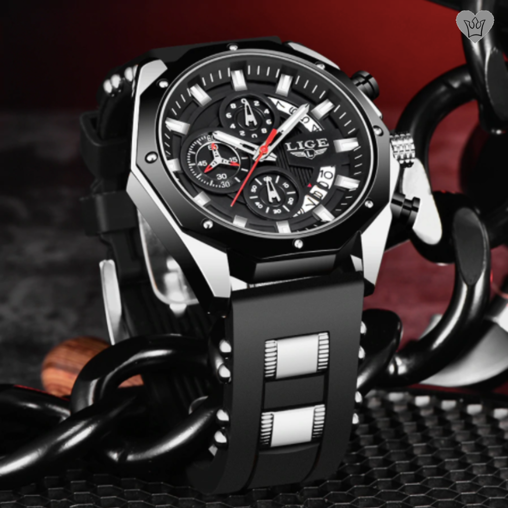 Men s LIGE Watch Large Dial in Steel with Black Silicone Strap