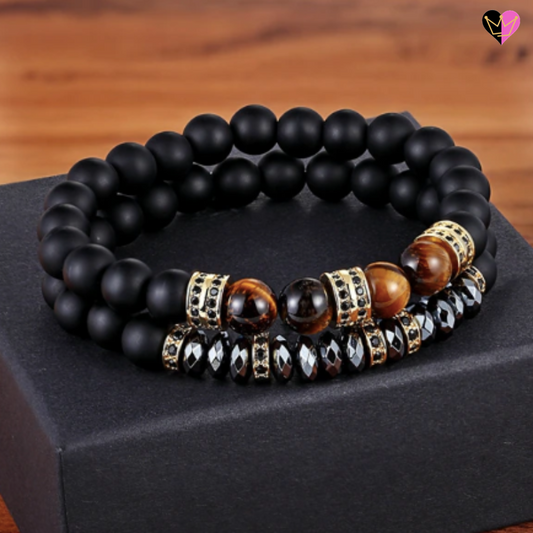 Bracelet unisexe perles pierres onyx noire et oeil de tigre marron avec bagues en alliage pavées de zirconium