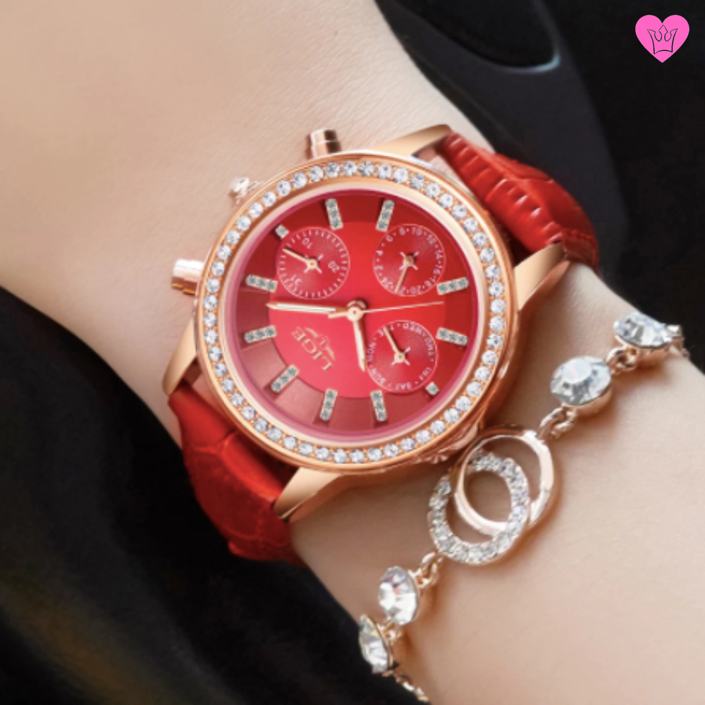 Women s LIGE Crystal Diamond Watch with Red Leather Strap