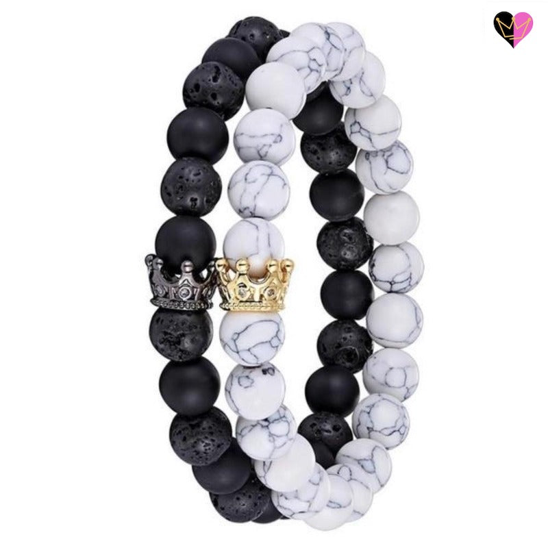 Bracelet Perles Howlite Lave Onyx avec Couronnes Or et Noire