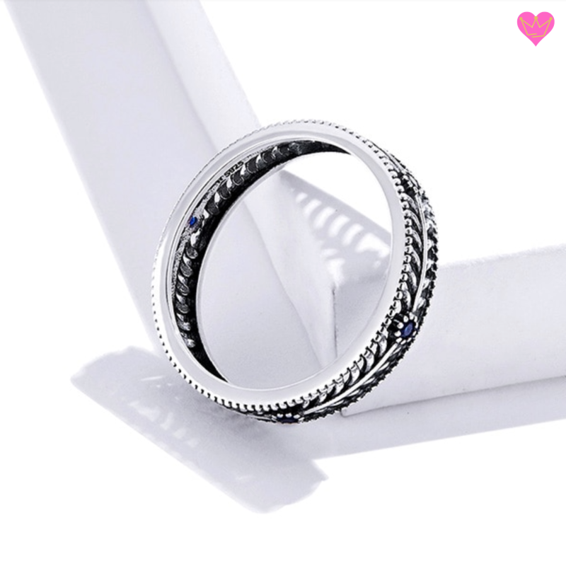 Bague anneau rameau de buis ajouré, minimaliste, fine et délicate en argent 925 pour femme avec brillants zircone bleu AAA