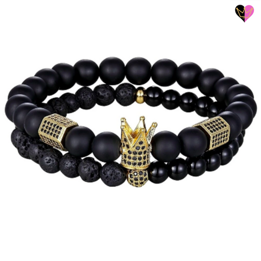 Bracelet Perles Onyx et Lave Noire avec Sphère et Couronnes Dorées