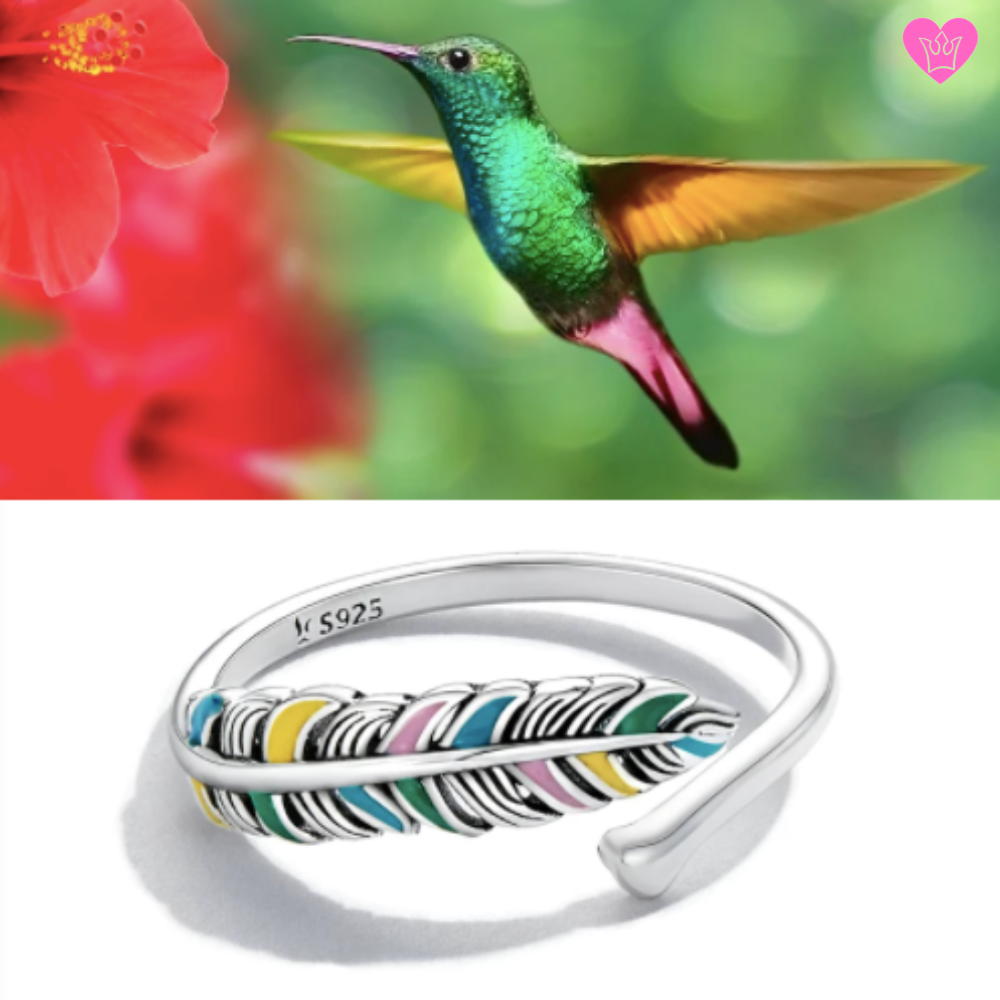 Silver Enamel Feather Ring for Women