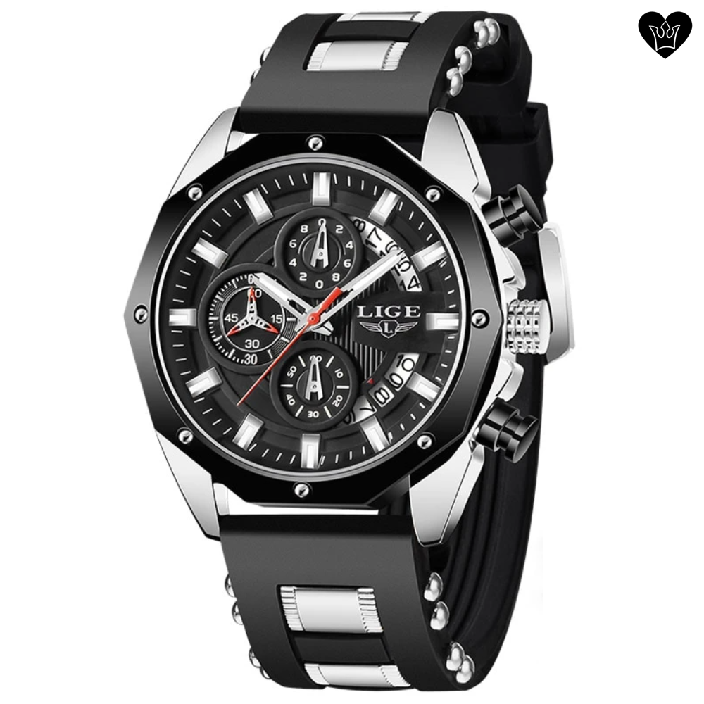 Men's LIGE Watch Large Dial in Steel with Black Silicone Strap