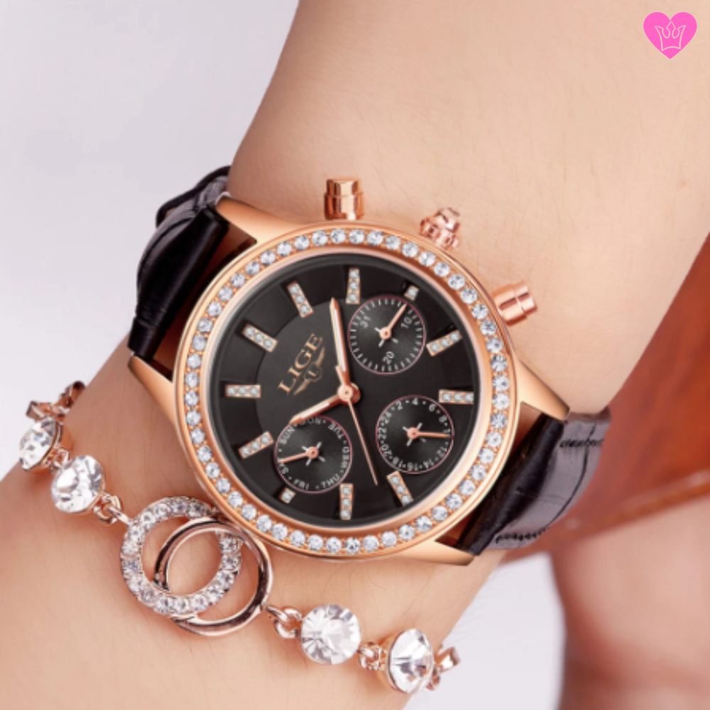 Women s LIGE Crystal Diamond Watch with Black Leather Strap