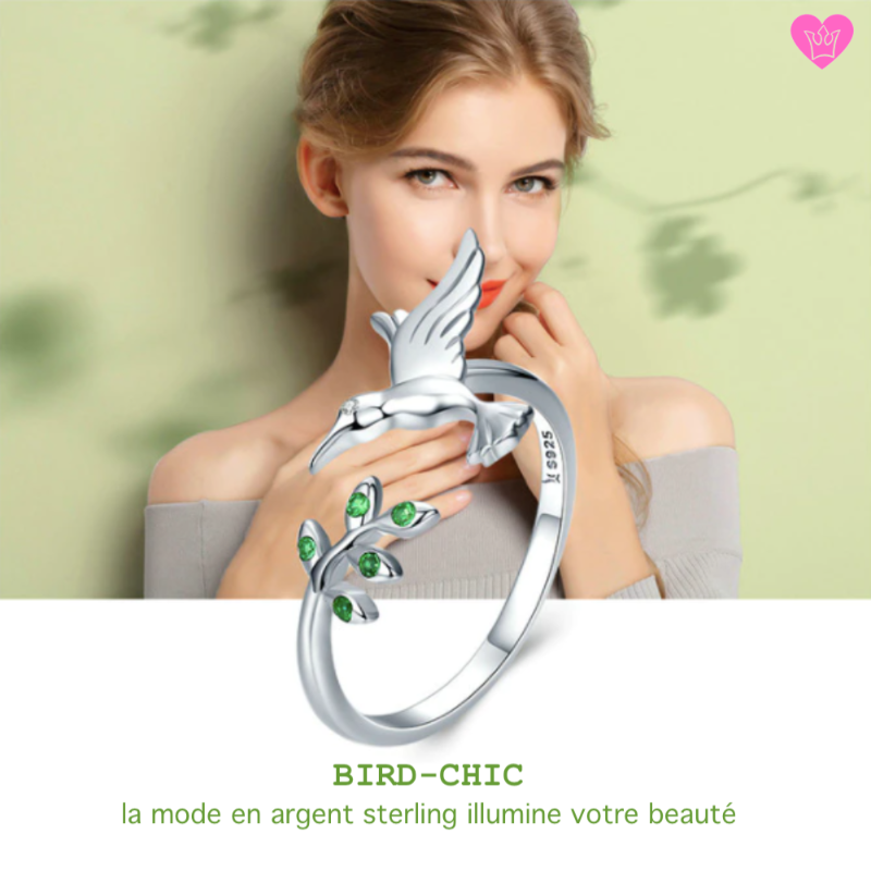 Bague Bird Chic Colibri Branche de Olivier avec Zircones Verts