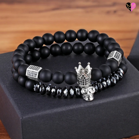Bracelet unisexe perles grises, pierres onyx noire avec couronne et crâne