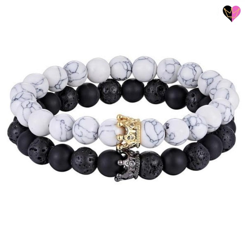 Bracelet Perles Howlite Lave Onyx avec Couronnes Or et Noire 