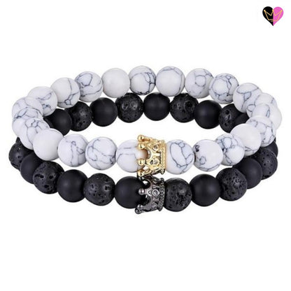 Bracelet Perles Howlite Lave Onyx avec Couronnes Or et Noire 