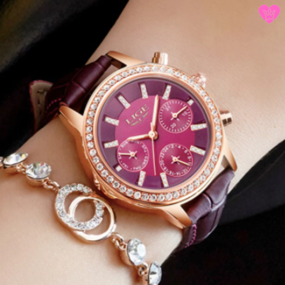 Women s LIGE Crystal Diamond Watch with Burgundy Leather Strap