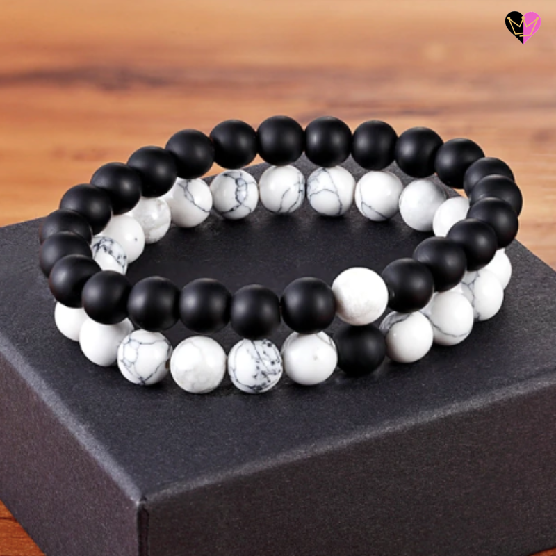Bracelets unisexe perles pierres onyx noire et howlite blanche