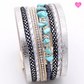 Bracelet Cuir PU Boho Large avec Pierres Naturelles Bleu Strass Cristal et Perles Grises et Doréees