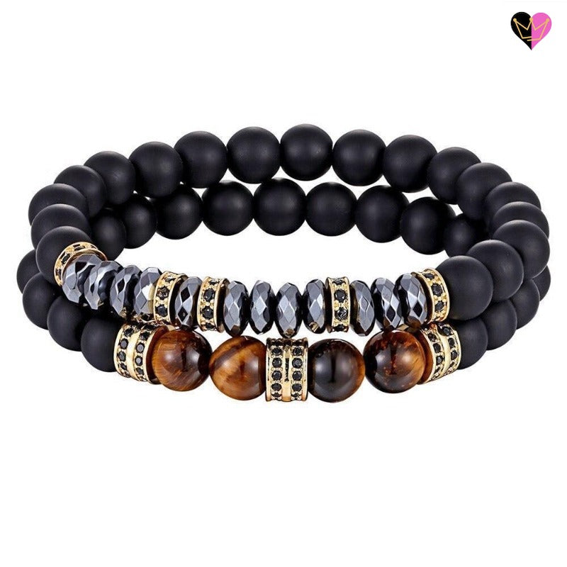 Black Onyx Brown Tiger Eye Beads Bracelet with Rings