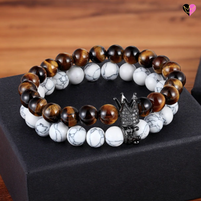 Bracelets unisexe perles pierres howlite blanche et oeil de tigre marron avec couronnes pavées de zircon