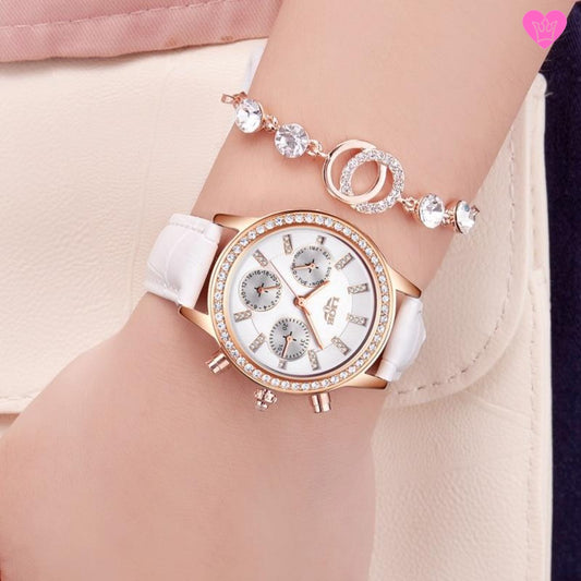 Montre LIGE Femme Cristal Diamant Etanche avec Bracelet Cuir Blanc
