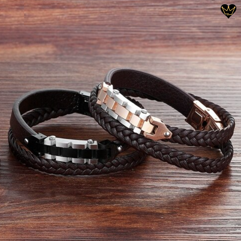 Brown Leather Bracelet with Steel Design Links for Men