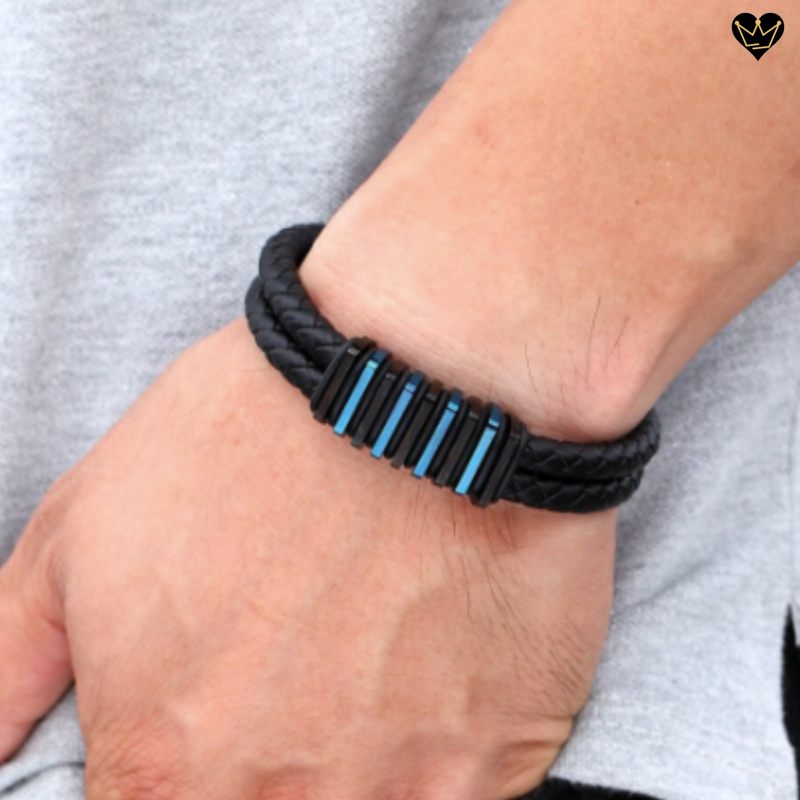 Bracelet pour homme en cuir noir véritable et charms en acier noir et bleu-hypoallergénique