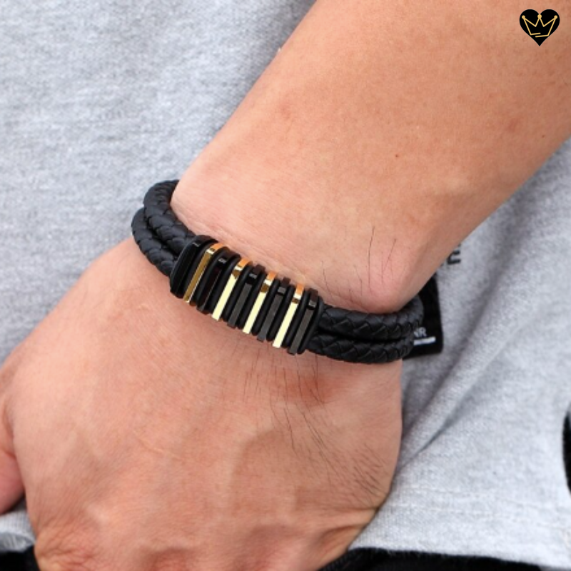 Bracelet pour homme en cuir véritable avec charms en acier noir et or - hypoallergénique