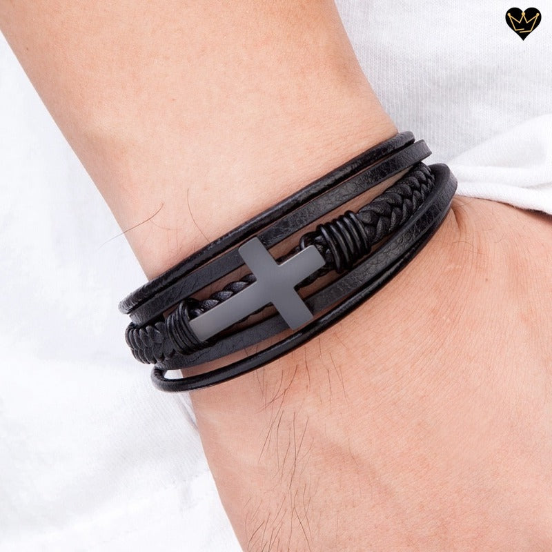 Bracelet à lanières de cuir pour homme chrétien avec croix latine en acier inoxydable - hypoallergénique
