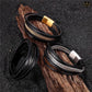Bracelet à lanières de cuir noir véritable avec chaine maillons cubains - coloris acier, argent, or ou noir
