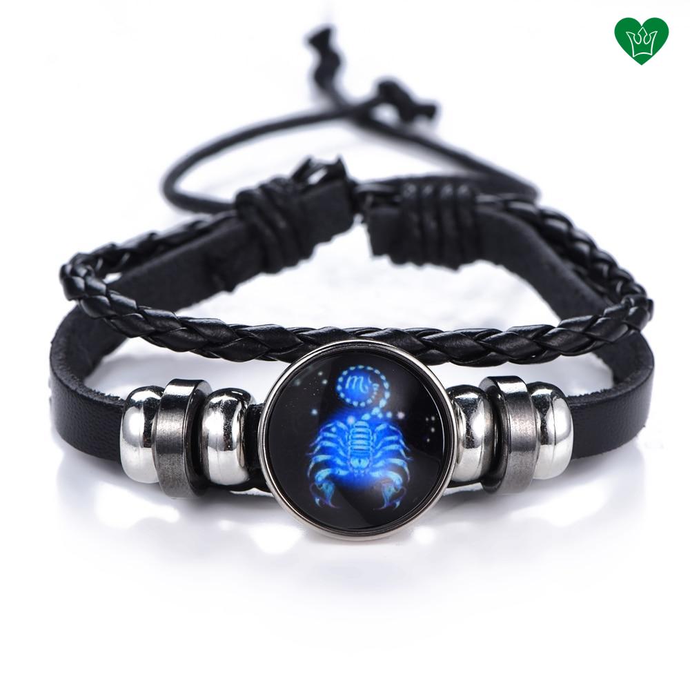 Bracelet en Cuir Noir Signe du Zodiaque Scorpion Bleu sous Verre
