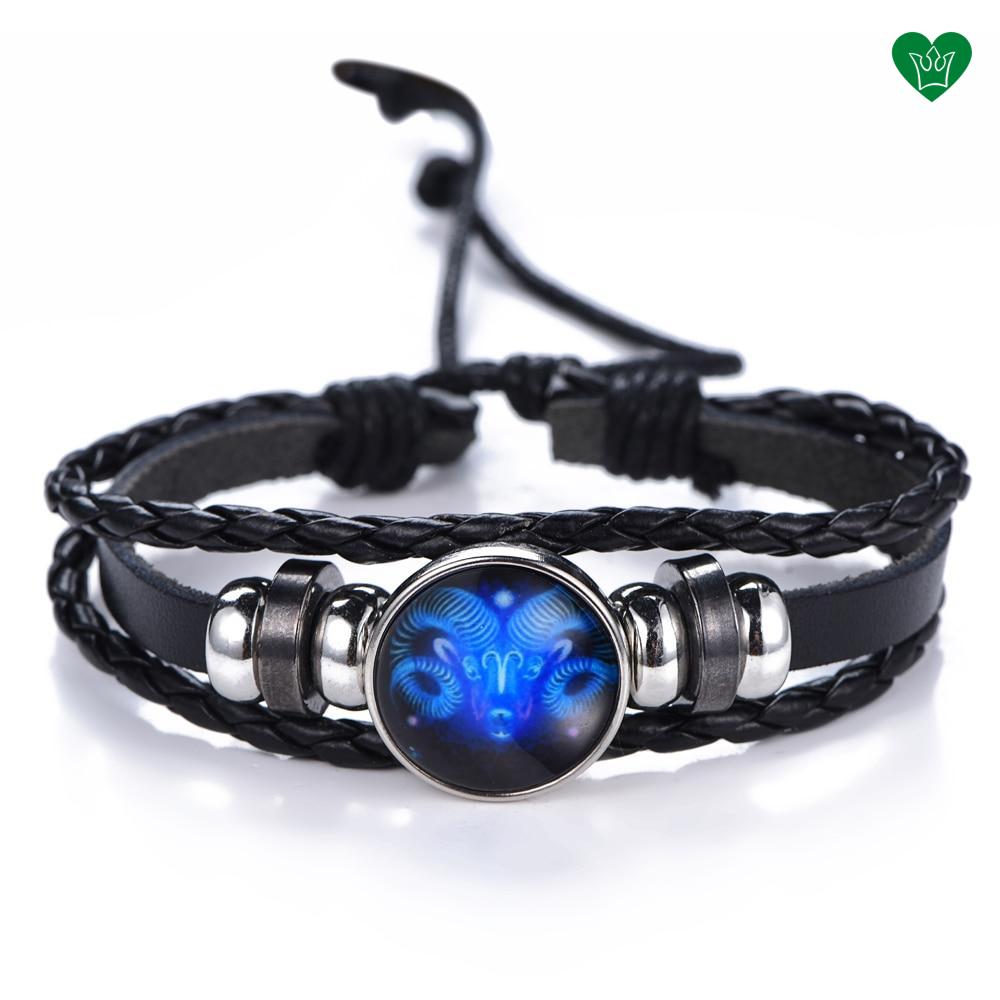 Bracelet en Cuir Noir Signe du Zodiaque Belier Bleu sous Verre