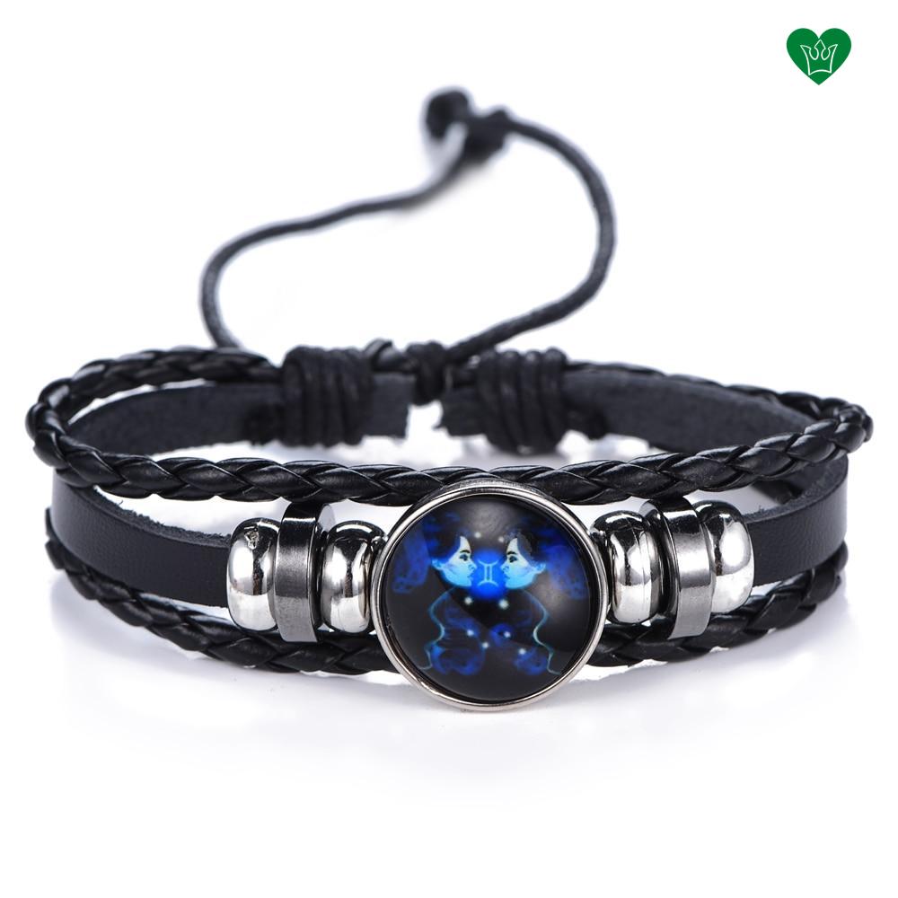 Bracelet en Cuir Noir Signe du Zodiaque Gemeaux Bleu sous Verre